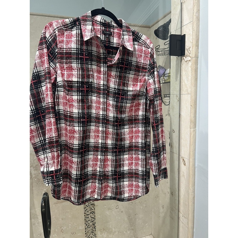 Talbots Women Red Black White Plaid Long Sleeve Button-Down Chiffon Shirt M